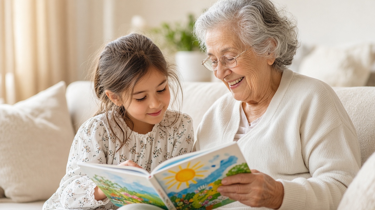 Niño y abuelo leyendo juntos un libro